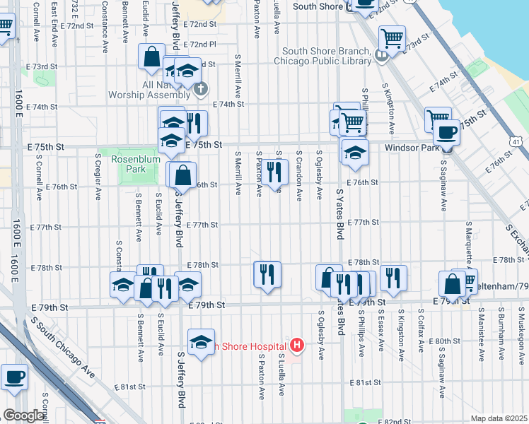 map of restaurants, bars, coffee shops, grocery stores, and more near 7654 South Paxton Avenue in Chicago