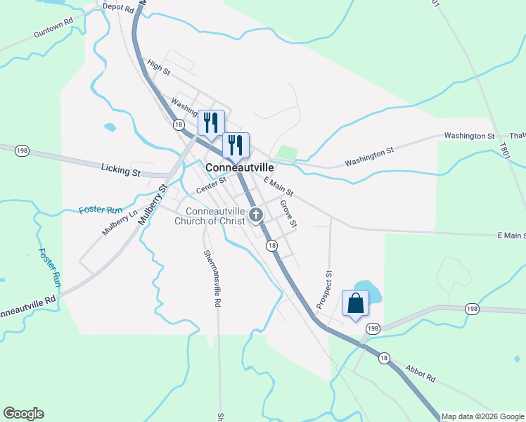 map of restaurants, bars, coffee shops, grocery stores, and more near Canal St in Conneautville