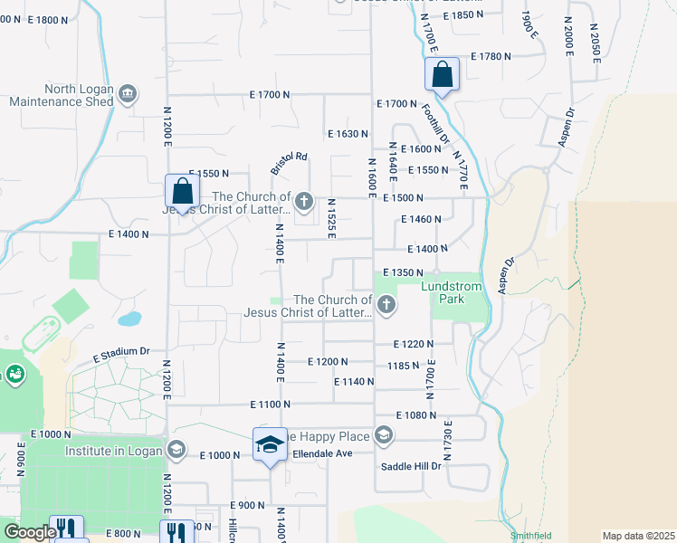 map of restaurants, bars, coffee shops, grocery stores, and more near 1366 North 1500 East in Logan