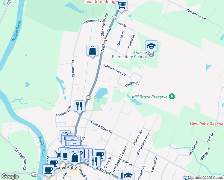 map of restaurants, bars, coffee shops, grocery stores, and more near 9 Taylor Street in New Paltz
