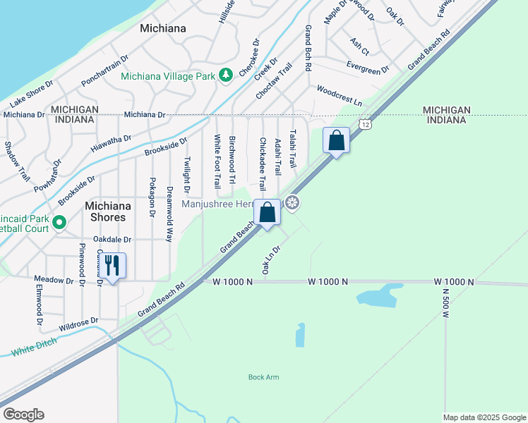 map of restaurants, bars, coffee shops, grocery stores, and more near 14400 Grand Beach Road in Michigan City