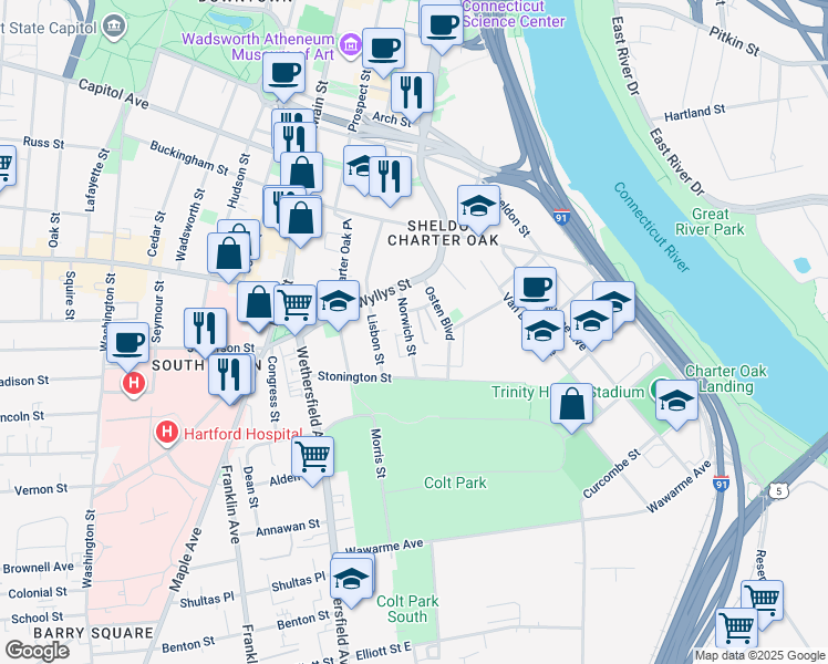 map of restaurants, bars, coffee shops, grocery stores, and more near 36 Norwich Street in Hartford