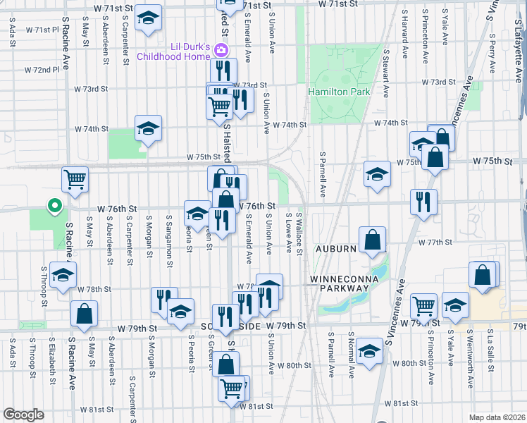 map of restaurants, bars, coffee shops, grocery stores, and more near 7620 South Union Avenue in Chicago