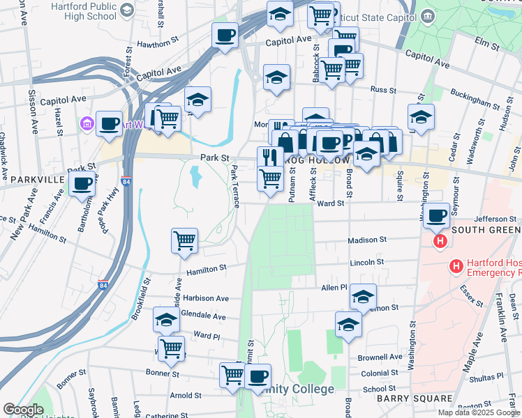 map of restaurants, bars, coffee shops, grocery stores, and more near 541 Zion Street in Hartford