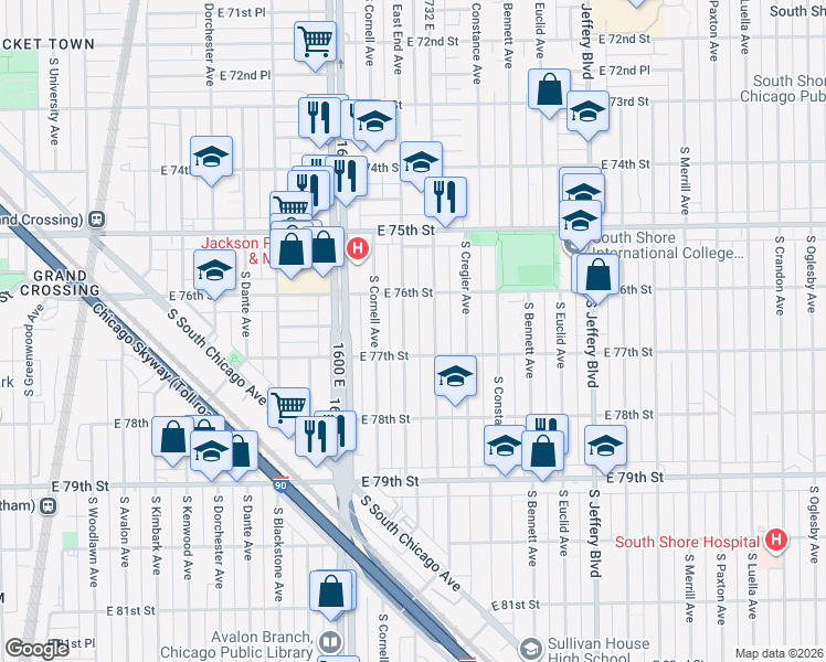 map of restaurants, bars, coffee shops, grocery stores, and more near 7646 South East End Avenue in Chicago
