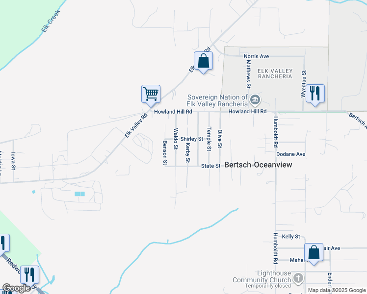 map of restaurants, bars, coffee shops, grocery stores, and more near 225 Kerby Street in Crescent City