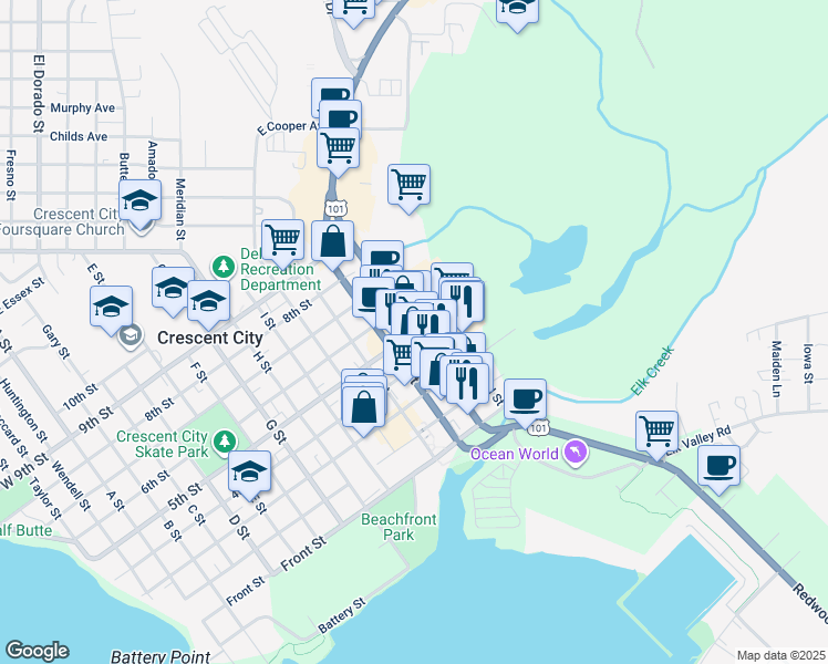 map of restaurants, bars, coffee shops, grocery stores, and more near 450 M Street in Crescent City