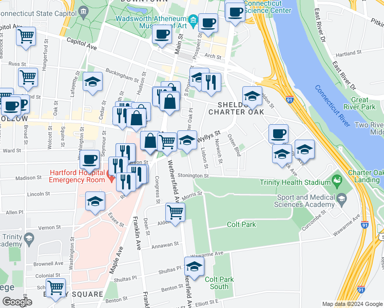 map of restaurants, bars, coffee shops, grocery stores, and more near 26 Groton Street in Hartford