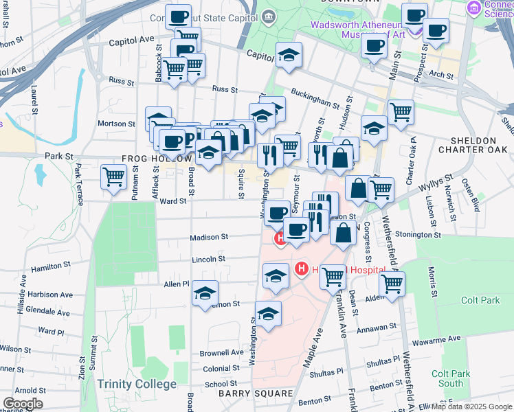 map of restaurants, bars, coffee shops, grocery stores, and more near 224 Washington Street in Hartford