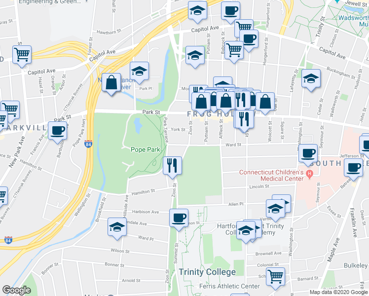 map of restaurants, bars, coffee shops, grocery stores, and more near 523 Zion Street in Hartford