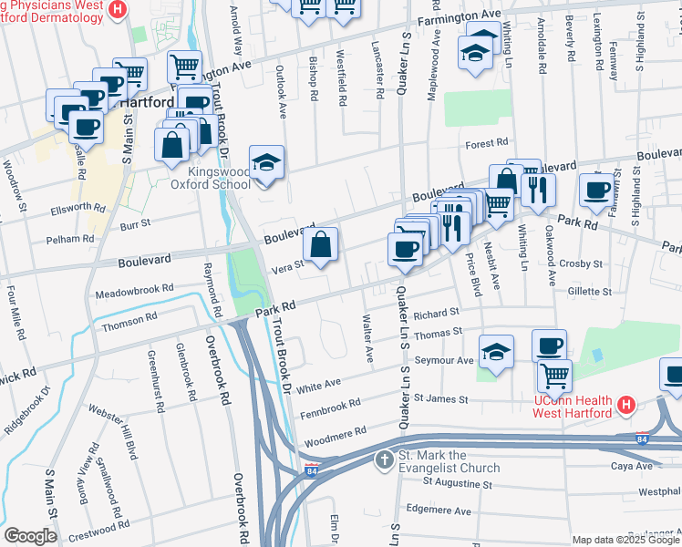 map of restaurants, bars, coffee shops, grocery stores, and more near 398 Park Road in West Hartford
