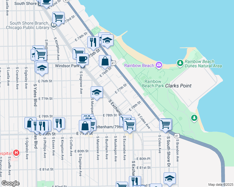 map of restaurants, bars, coffee shops, grocery stores, and more near 7720 South Coles Avenue in Chicago