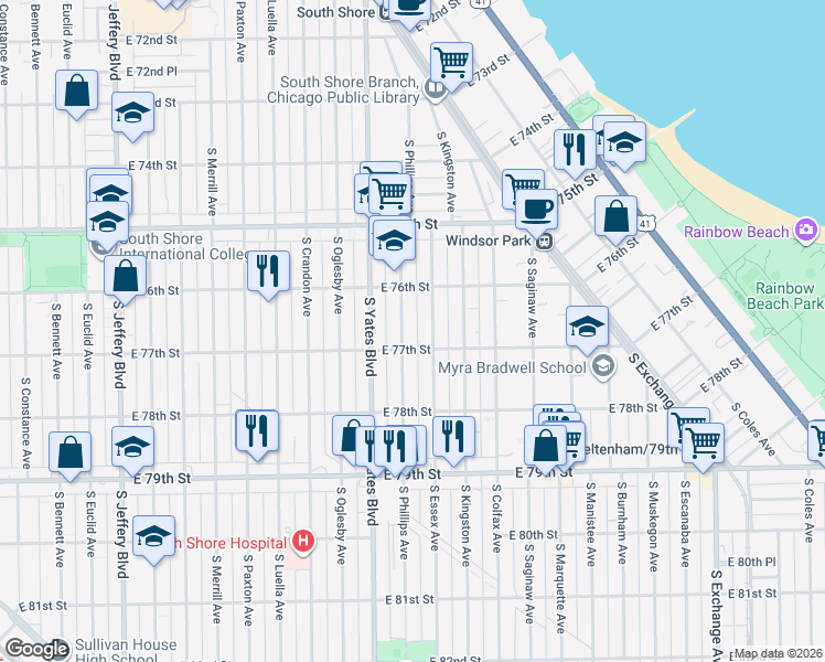 map of restaurants, bars, coffee shops, grocery stores, and more near 7660 South Essex Avenue in Chicago