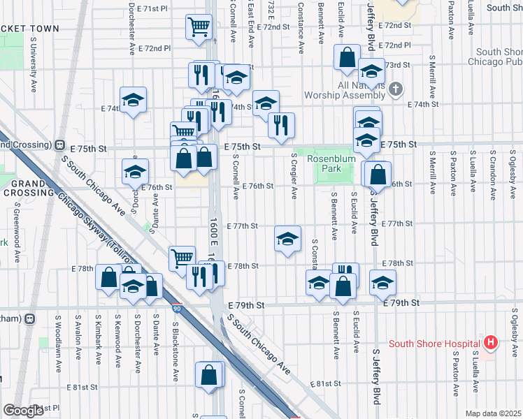 map of restaurants, bars, coffee shops, grocery stores, and more near 7646 South East End Avenue in Chicago