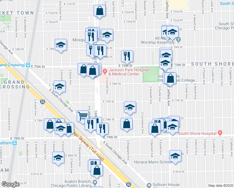 map of restaurants, bars, coffee shops, grocery stores, and more near 7646 South East End Avenue in Chicago