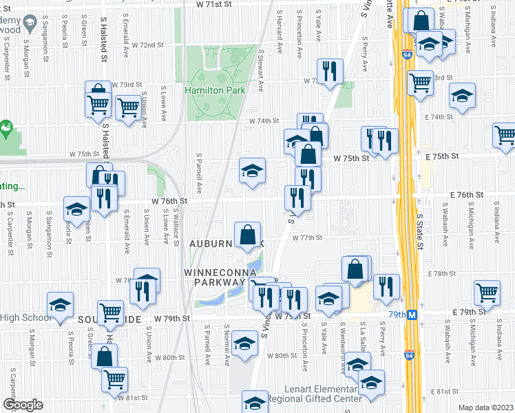 map of restaurants, bars, coffee shops, grocery stores, and more near 7620 South Stewart Avenue in Chicago