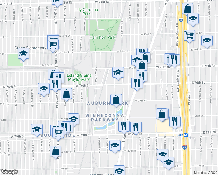 map of restaurants, bars, coffee shops, grocery stores, and more near 7620 South Eggleston Avenue in Chicago