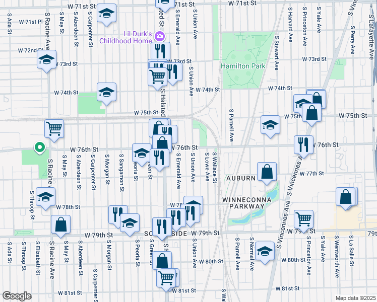 map of restaurants, bars, coffee shops, grocery stores, and more near 7620 South Union Avenue in Chicago