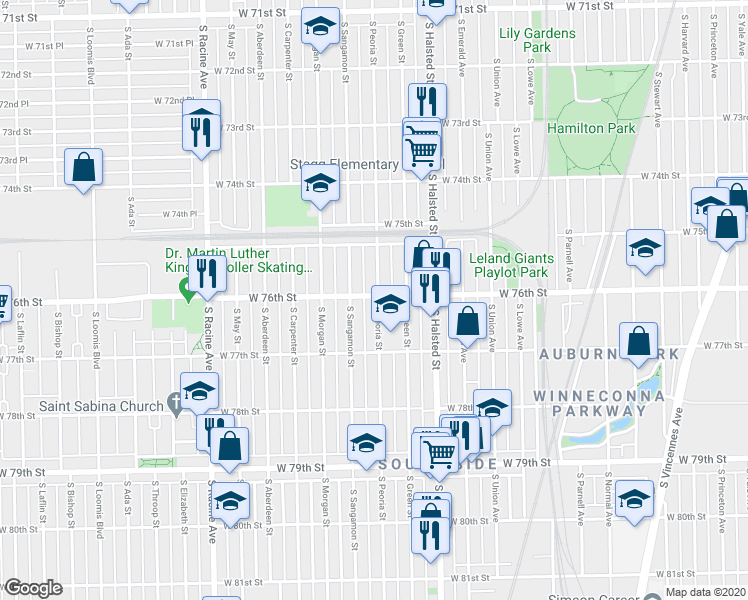 map of restaurants, bars, coffee shops, grocery stores, and more near 7617 South Peoria Street in Chicago