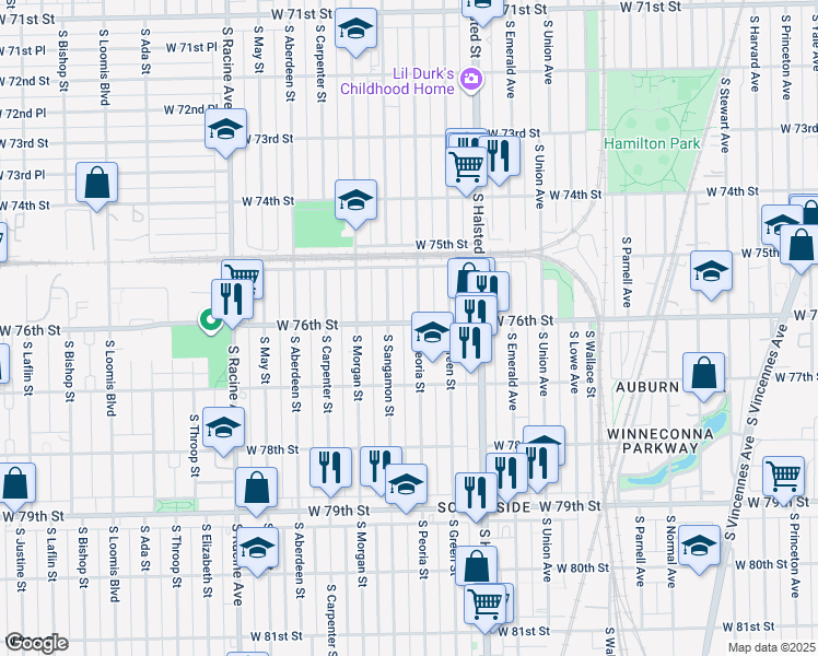 map of restaurants, bars, coffee shops, grocery stores, and more near 7617 South Peoria Street in Chicago