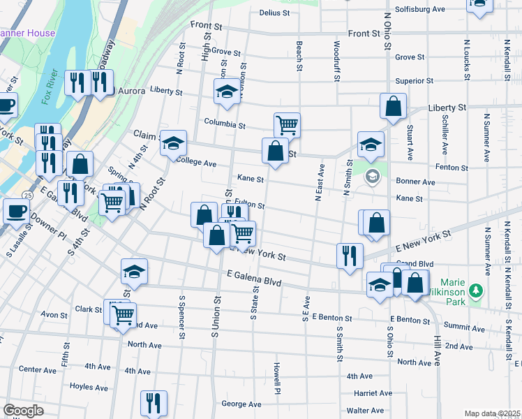 map of restaurants, bars, coffee shops, grocery stores, and more near 114 North State Street in Aurora