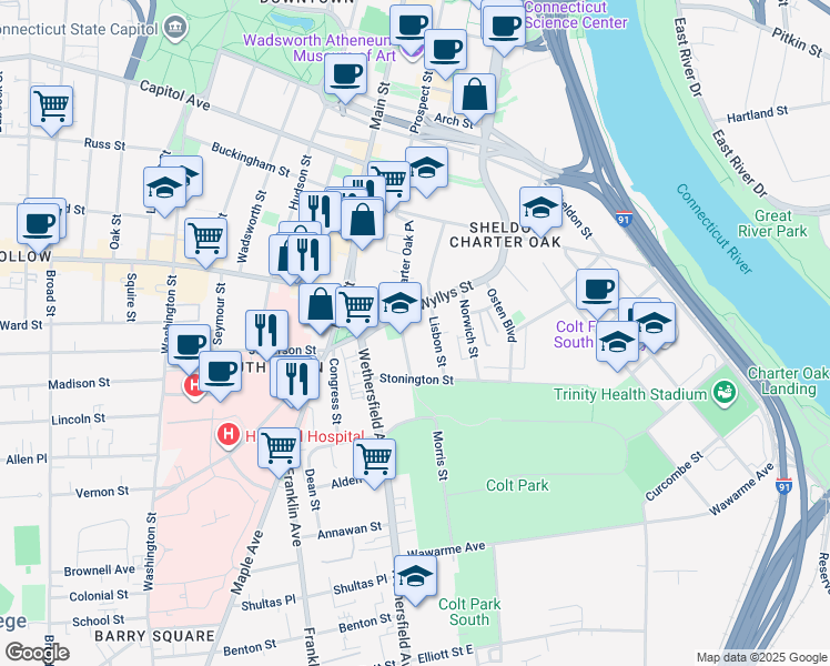 map of restaurants, bars, coffee shops, grocery stores, and more near 26 Groton Street in Hartford