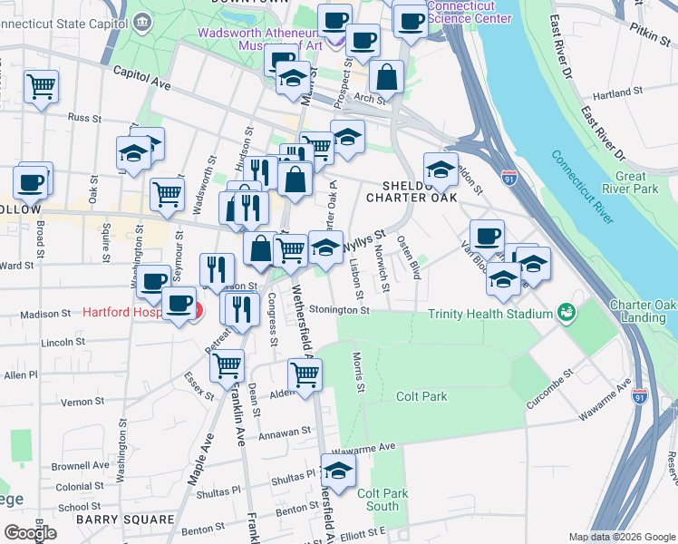 map of restaurants, bars, coffee shops, grocery stores, and more near 26 Groton Street in Hartford