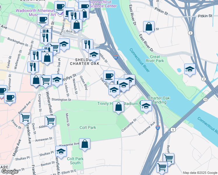 map of restaurants, bars, coffee shops, grocery stores, and more near 79 Van Block Avenue in Hartford