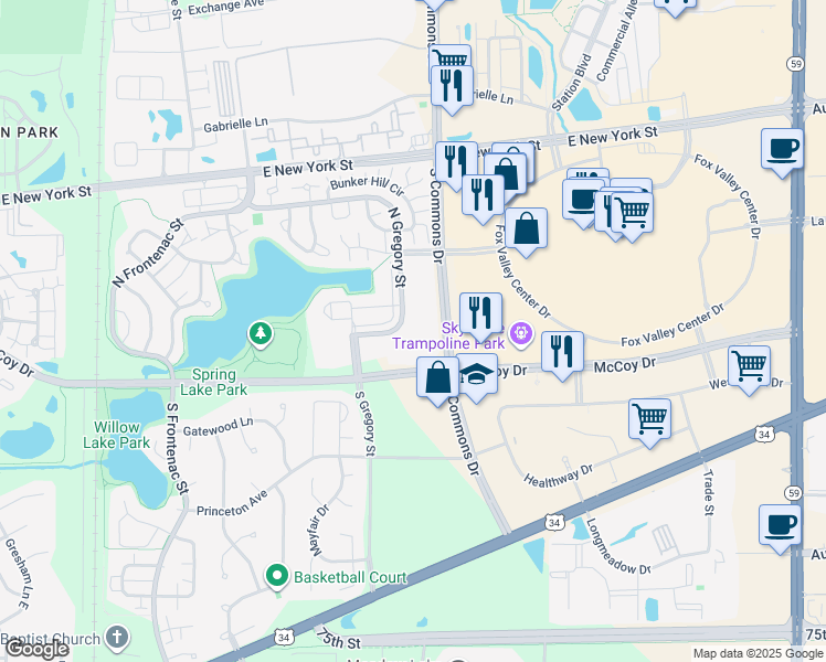 map of restaurants, bars, coffee shops, grocery stores, and more near 177 North Gregory Street in Aurora