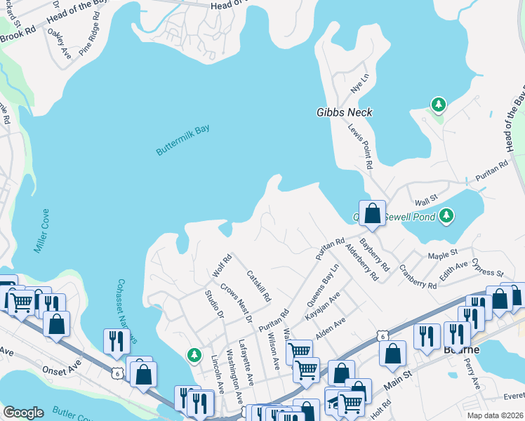 map of restaurants, bars, coffee shops, grocery stores, and more near 54 Arlington Drive in Bourne