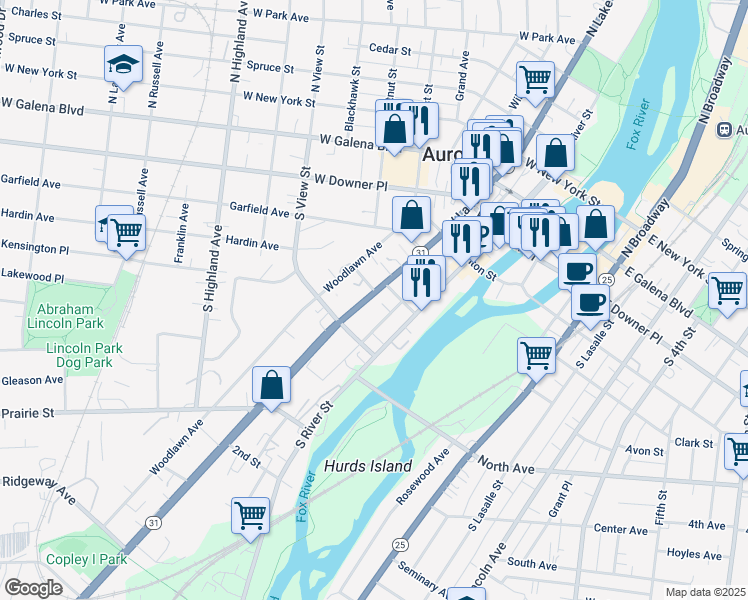 map of restaurants, bars, coffee shops, grocery stores, and more near 227 Middle Avenue in Aurora