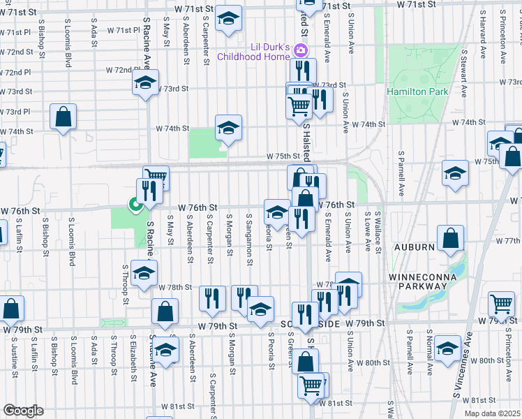 map of restaurants, bars, coffee shops, grocery stores, and more near 909 West 76th Street in Chicago