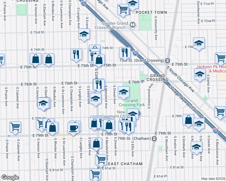 map of restaurants, bars, coffee shops, grocery stores, and more near 7626 South Drexel Avenue in Chicago