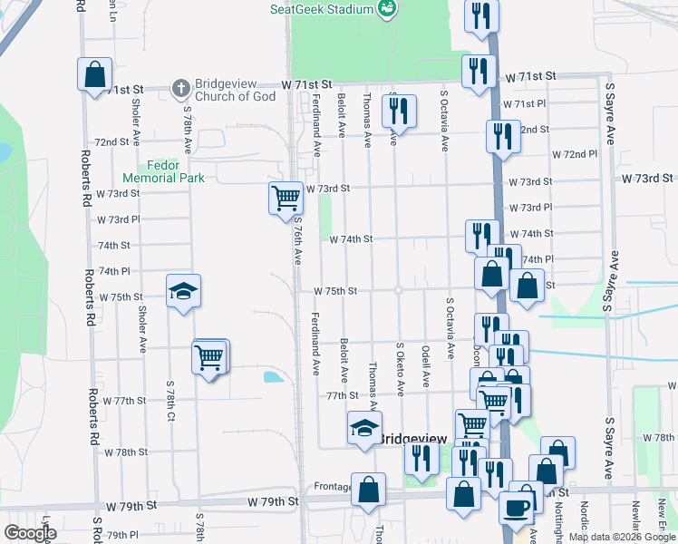 map of restaurants, bars, coffee shops, grocery stores, and more near 7459 Beloit Avenue in Bridgeview