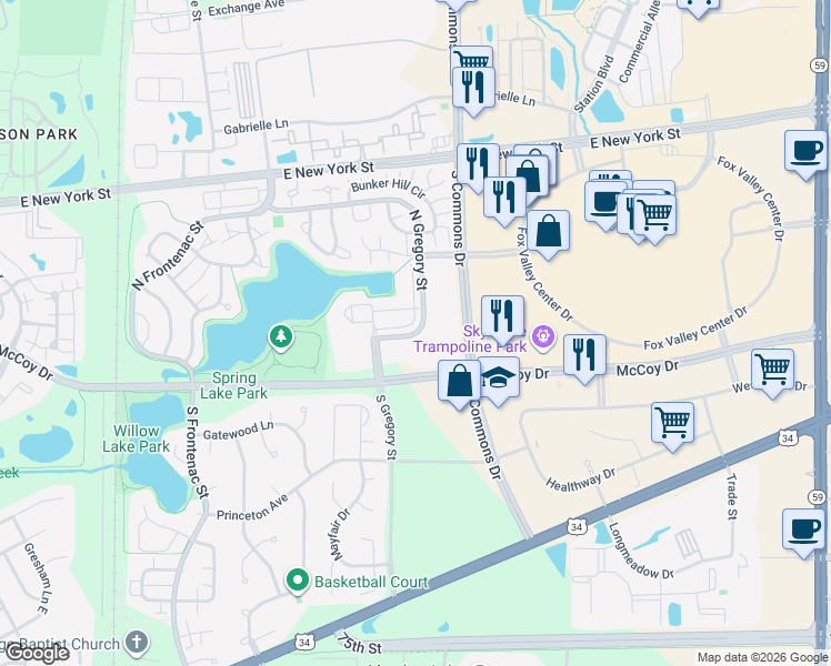 map of restaurants, bars, coffee shops, grocery stores, and more near 173 Gregory Street in Aurora