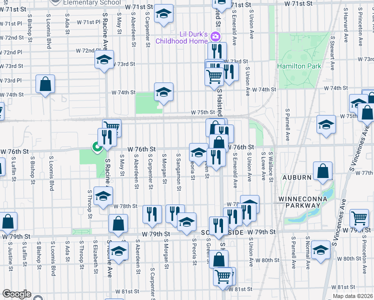 map of restaurants, bars, coffee shops, grocery stores, and more near 7617 South Peoria Street in Chicago