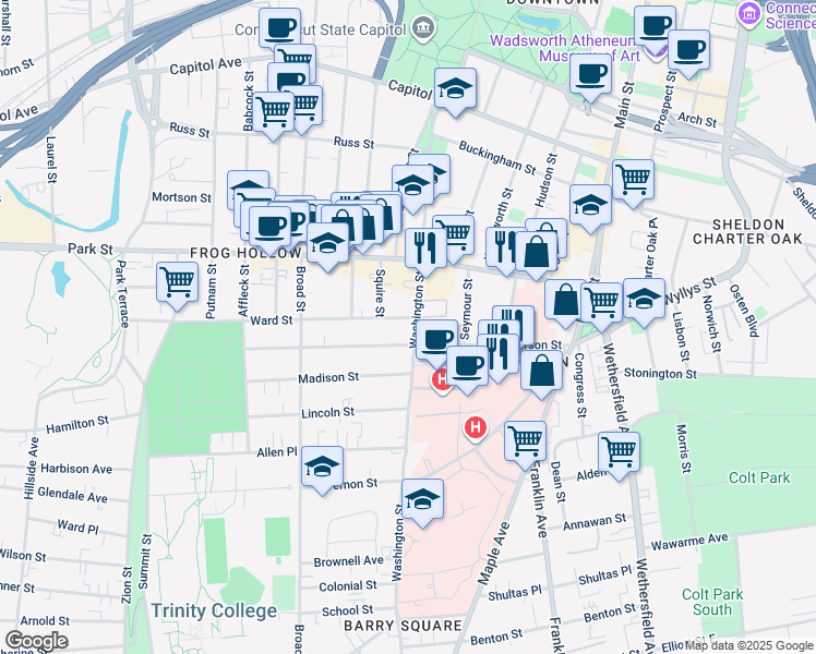 map of restaurants, bars, coffee shops, grocery stores, and more near 215 Washington Street in Hartford