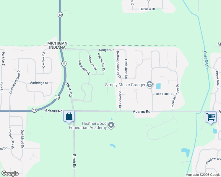map of restaurants, bars, coffee shops, grocery stores, and more near 50701-50813 Sherwood Drive in Granger