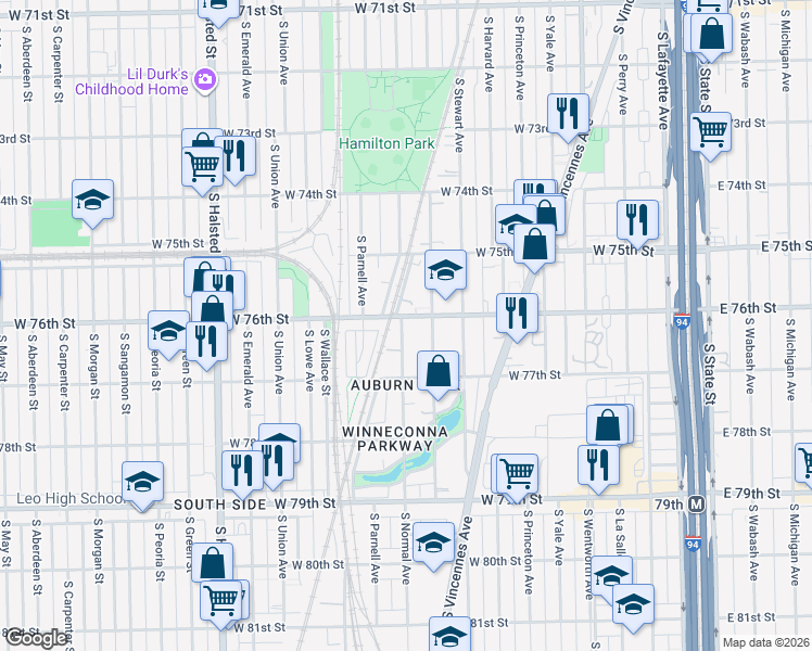 map of restaurants, bars, coffee shops, grocery stores, and more near 7620 South Eggleston Avenue in Chicago