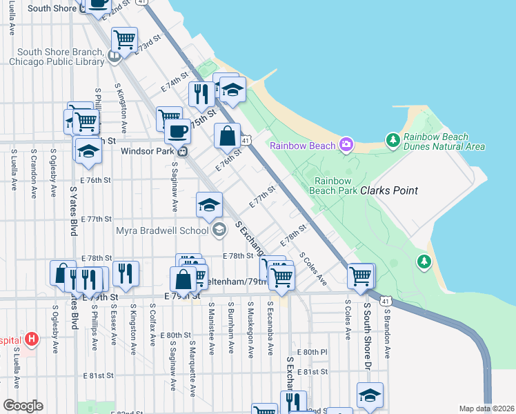 map of restaurants, bars, coffee shops, grocery stores, and more near 7706 South Coles Avenue in Chicago