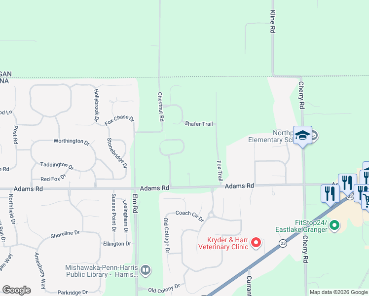 map of restaurants, bars, coffee shops, grocery stores, and more near 3882 Lexington Circle South in Granger