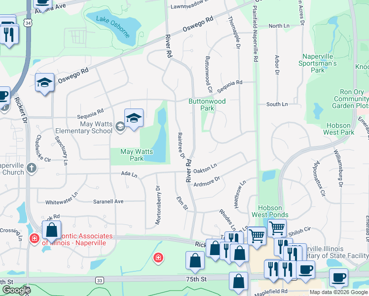 map of restaurants, bars, coffee shops, grocery stores, and more near 860 Raintree Drive in Naperville