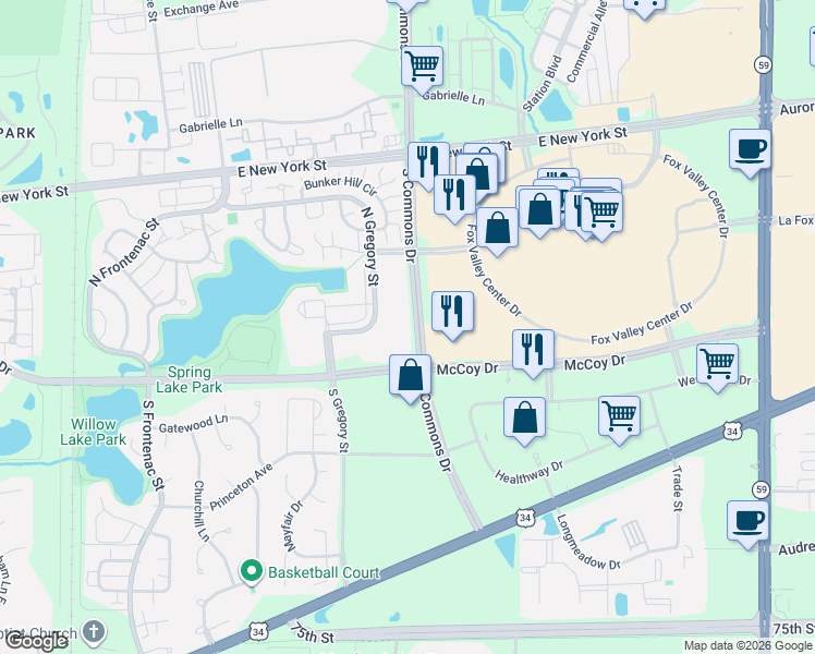 map of restaurants, bars, coffee shops, grocery stores, and more near 177 South Commons Drive in Aurora