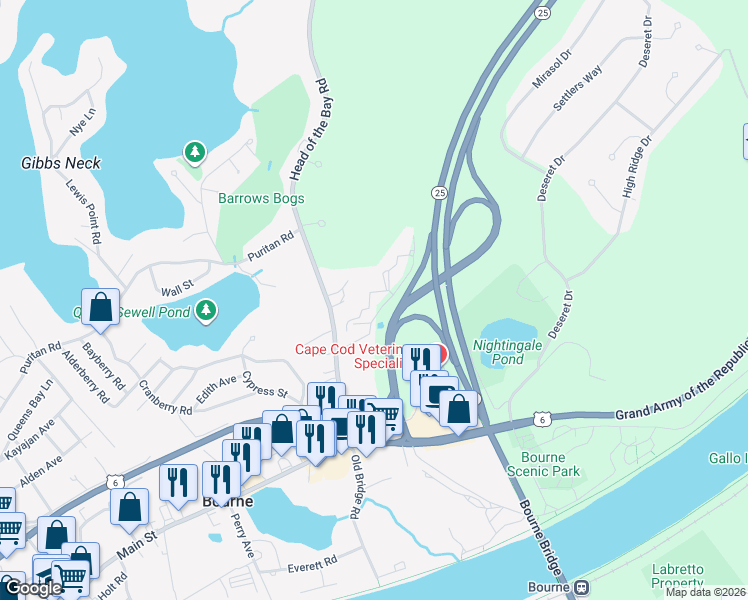 map of restaurants, bars, coffee shops, grocery stores, and more near 34 Boxwood Court in Bourne