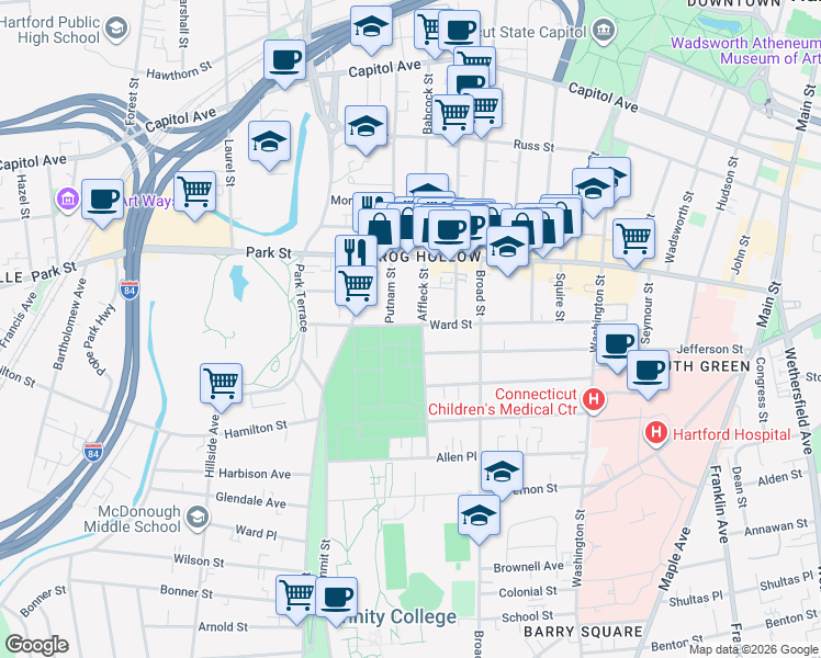 map of restaurants, bars, coffee shops, grocery stores, and more near 151 Ward Street in Hartford