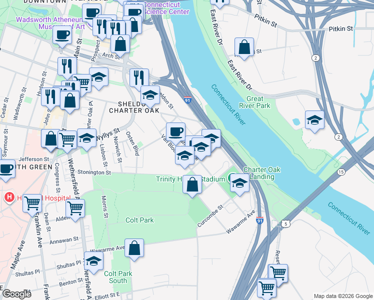 map of restaurants, bars, coffee shops, grocery stores, and more near 131 Huyshope Avenue in Hartford