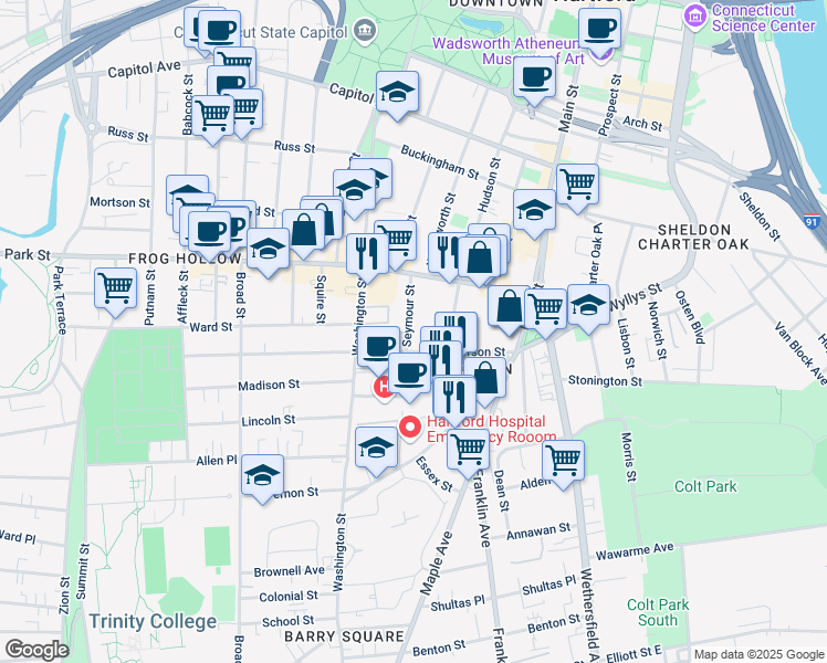 map of restaurants, bars, coffee shops, grocery stores, and more near in Hartford