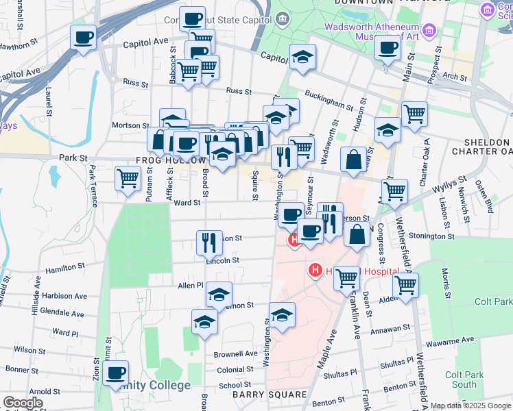 map of restaurants, bars, coffee shops, grocery stores, and more near 206 Jefferson Street in Hartford