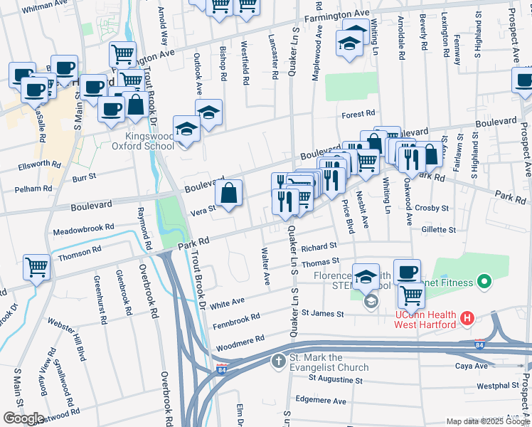map of restaurants, bars, coffee shops, grocery stores, and more near 369 Park Road in West Hartford