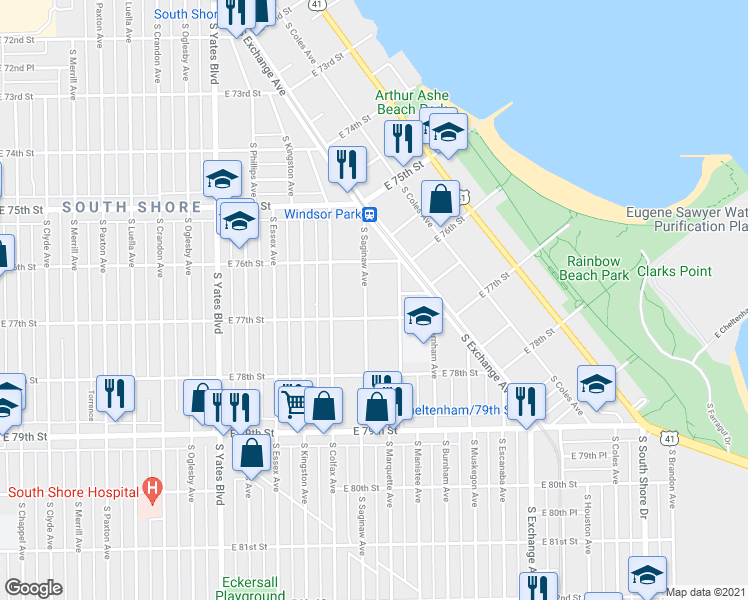 map of restaurants, bars, coffee shops, grocery stores, and more near 2650 East 77th Street in Chicago